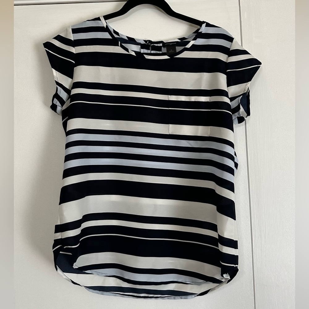 Ann Taylor white, light blue, and navy stripe blouse